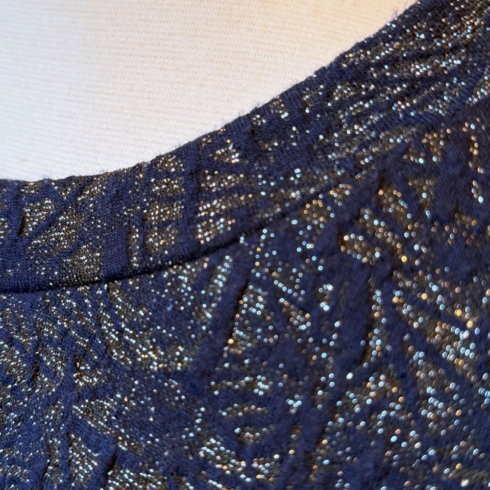 FRNCH Navy Metallic Belted Party Dress – Shimmer Holiday Cocktail Dress - Small - Picture 5 of 16